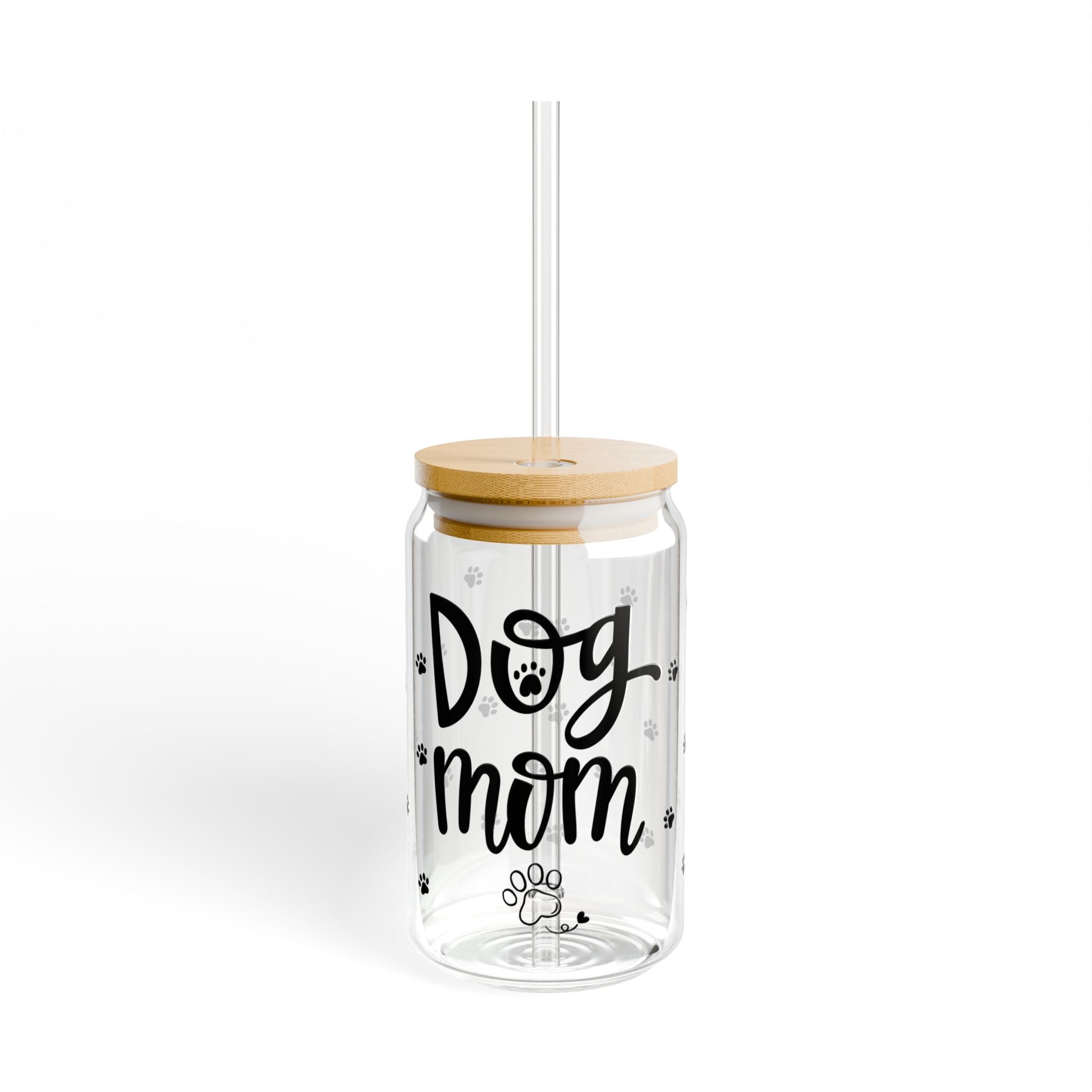Trinkglas „Dog Mom“ mit Deckel & Strohhalm, 473 ml