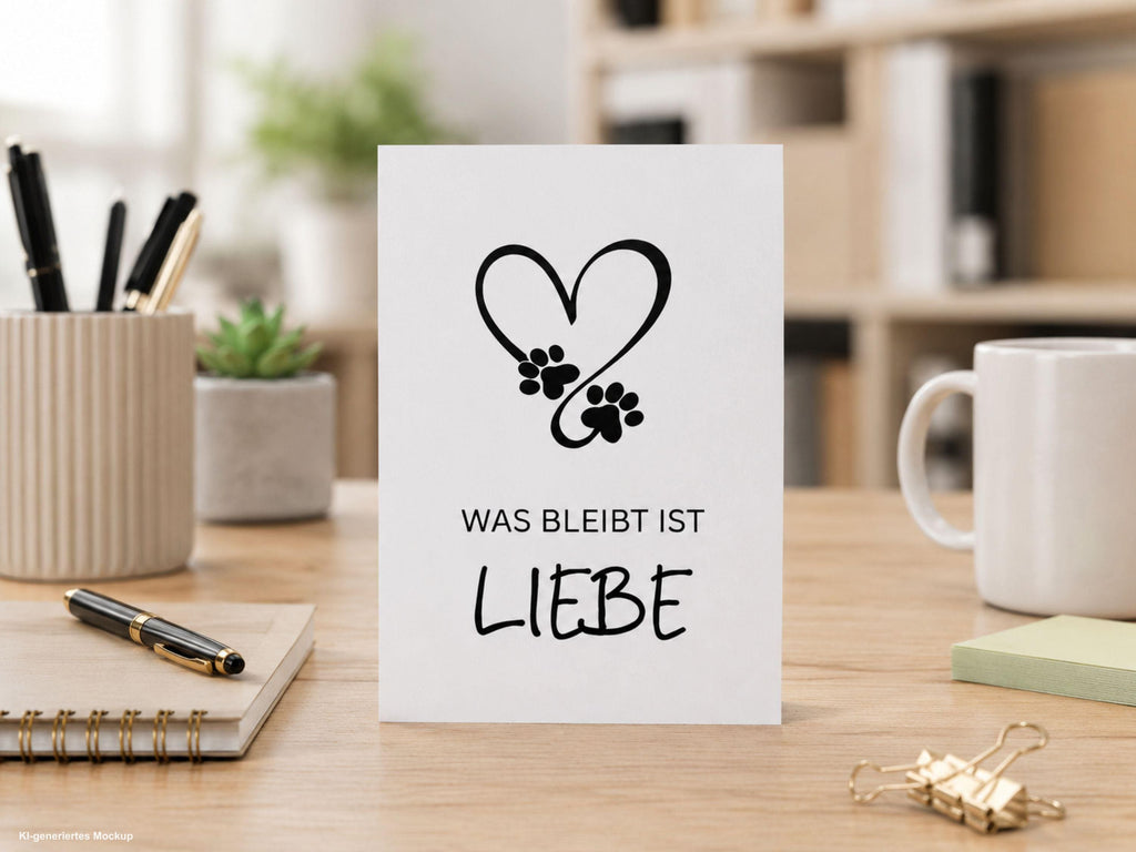 Trauerkarte Hund | Beileidskarte Hund | Was bleibt ist Liebe | Abschied Haustier | Kondolenzkarte Hund | Trauergeschenk Tierliebe Umschlag
