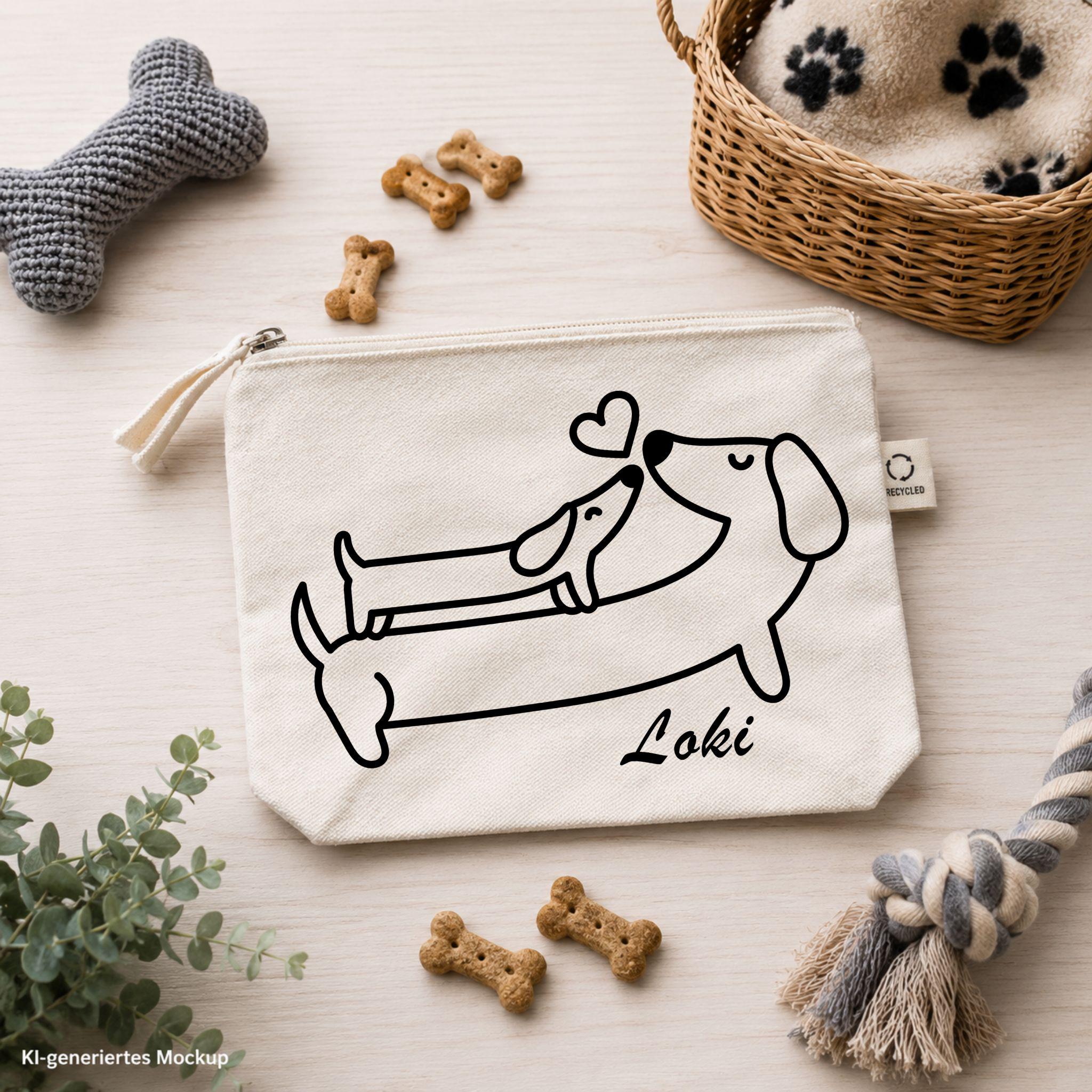 Personalisierte Hundetasche in beige | Hunde Organizer mit Namen | Tasche für Leckerlis & Zubehör | Geschenk für Hundebesitzer