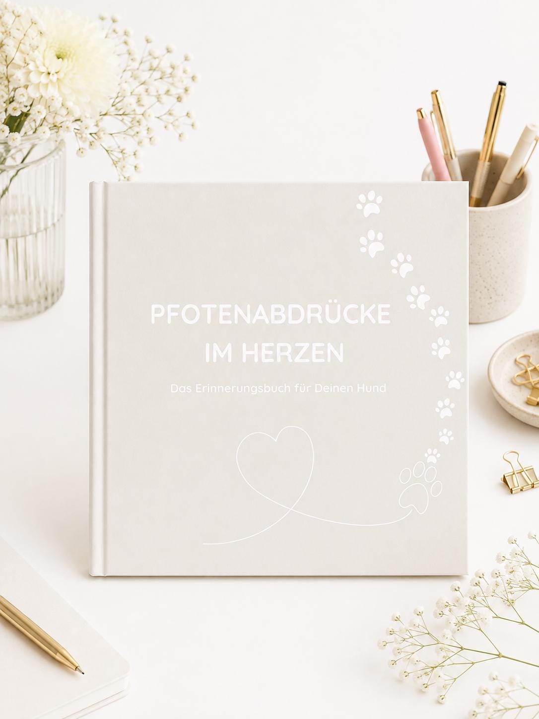 Hunde Erinnerungsbuch – Pfotenabdrücke im Herzen | Erinnerungsalbum für Deinen Hund | Geschenk für Hundeliebhaber  | Notizbuch  | Tagebuch