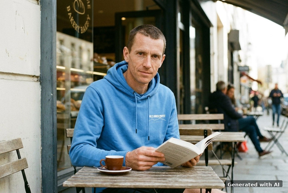 DOGS. COFFEE. RUNNING Hoodie Bright Blue – Vorderseite