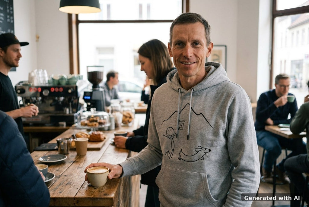 DOGS. COFFEE. RUNNING Hoodie Heather Grey – Vorderseite